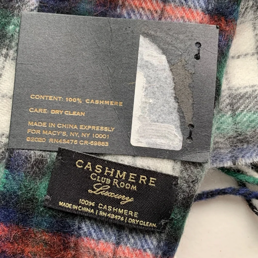 Club Room Luxury 100% Cashmere Plaid Fringe Scarf